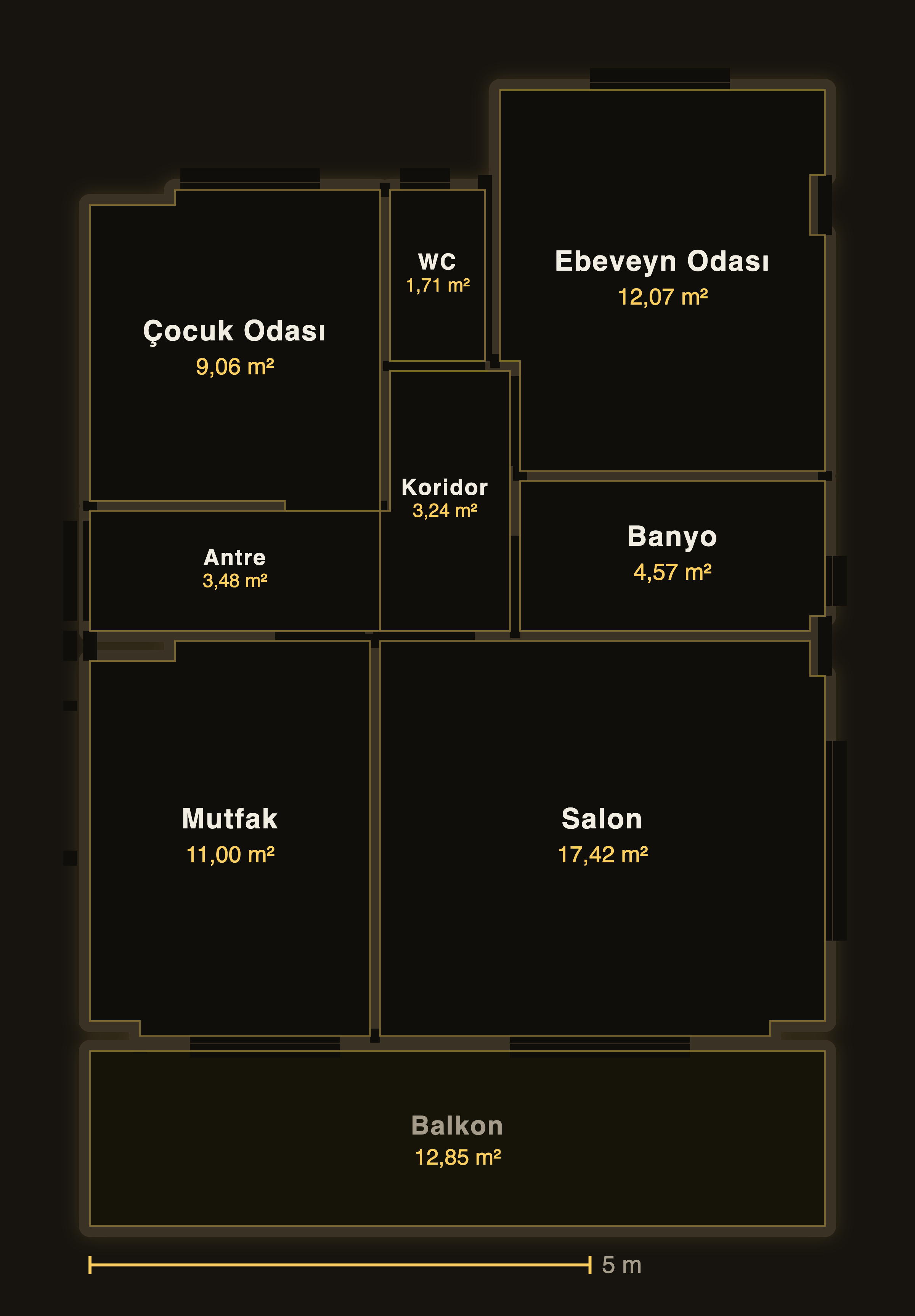 Sol Daire kat planı — oda adları ve metrekareleri